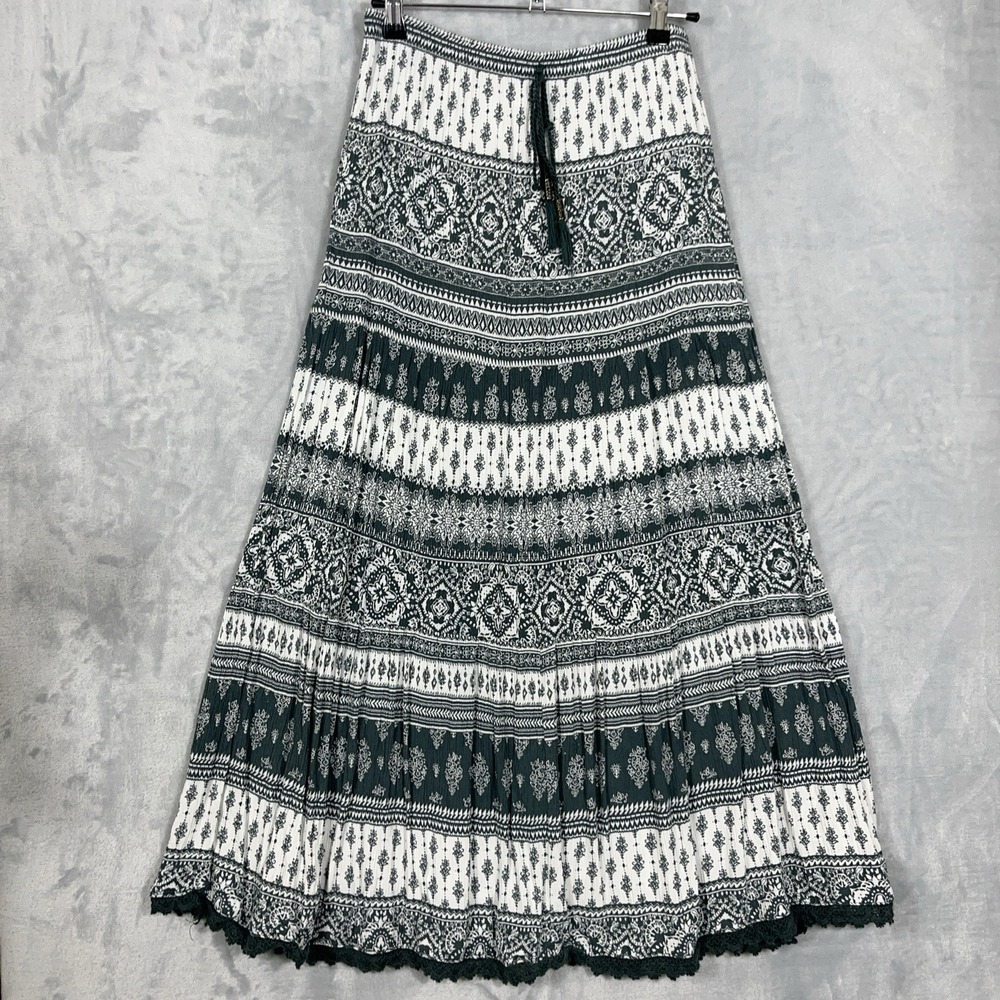 Westport Green White Tassel Boho Flowy Maxi‎ Skirt XS Hippie Prairie Cottagecore